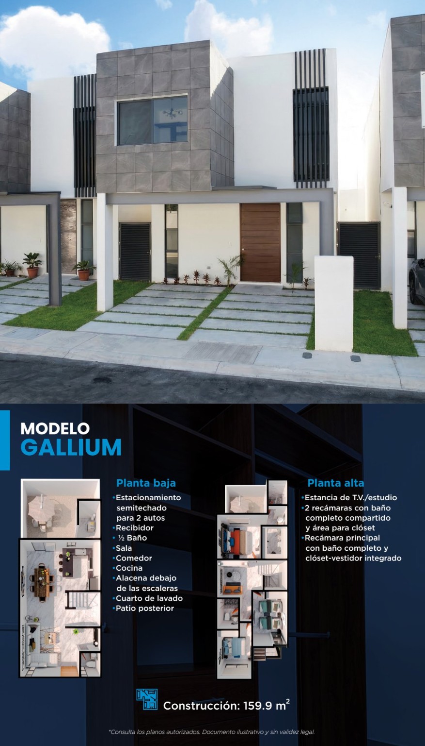 Fachada y distribución ilustrativa del modelo Gallium