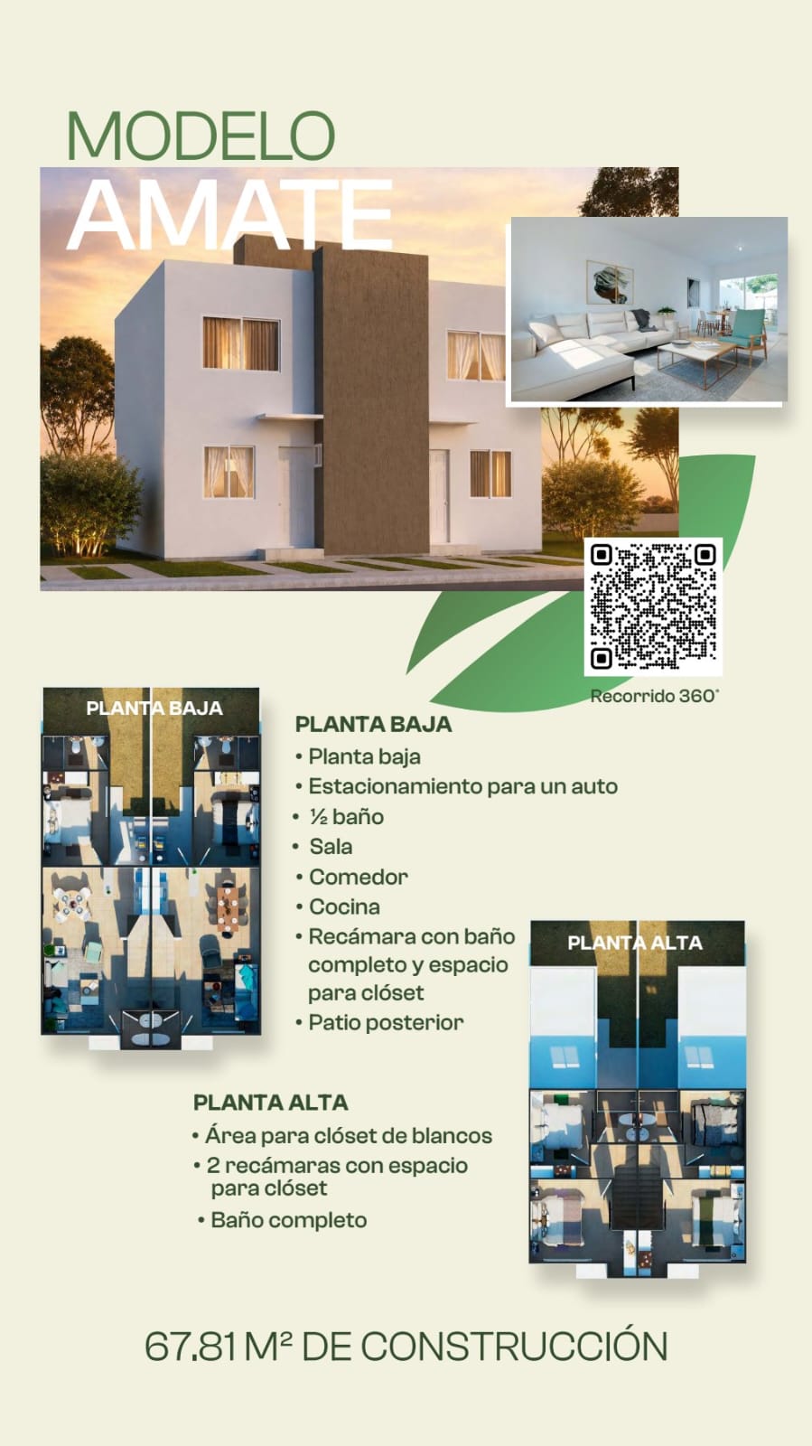 Ficha del modelo Amate con planos de planta baja y planta alta, 67.81 m²
