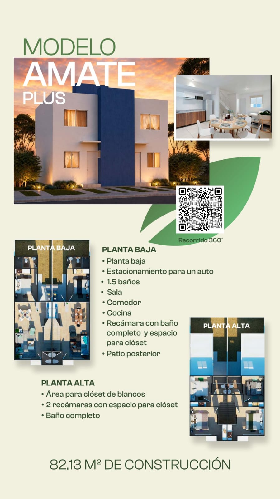 Ficha del modelo Amate Plus con planos de planta baja y planta alta, 82.13 m²